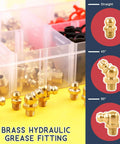 Hydraulic Zerk Fittings Kit With Caps, 156 Pcs SAE And Metric Grease Fittings, Brass construction with various angles.