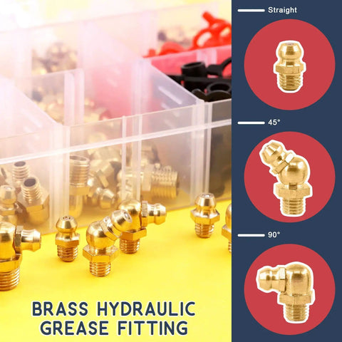 Hydraulic Zerk Fittings Kit With Caps, 156 Pcs SAE And Metric Grease Fittings, Brass construction with various angles.