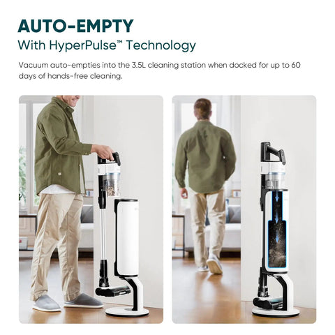 Premium Cordless Stick Vacuum With Auto Empty Base And Tangle Free Roller That Eats Up Pet Hair And Dirt Without Clogging Or Making A Mess Up To 70 Minutes Of Battery Life For Effortless Daily Home Care And Fresh Clean Floors beside a self-emptying station, demonstrating hands-free cleaning.