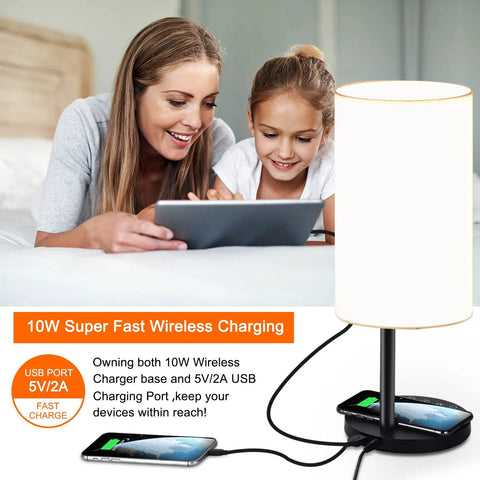 Multifunctional Table Lamp With 10W Fast Wireless Charger, USB Port next to two people using a tablet, in a living room setting.