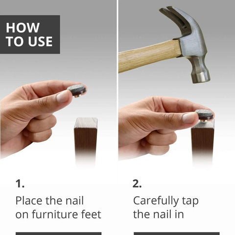 Step-by-step guide showing how to attach Heavy Duty Nail On Felt Pads For Furniture Feet 1 Inch Pack Of 48 Protect Hardwood Floors