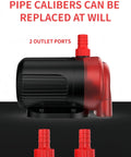 Submersible Water Pump For Aquarium Fish Tank And Hydroponics, showing 2 outlet ports with replaceable water pipe calibers.