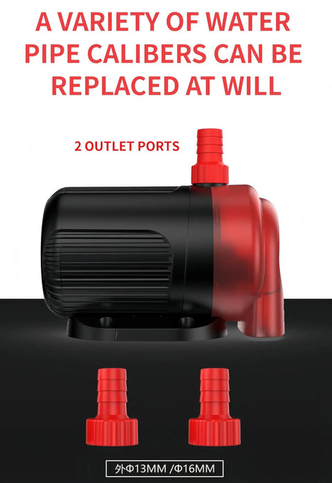 Submersible Water Pump For Aquarium Fish Tank And Hydroponics, showing 2 outlet ports with replaceable water pipe calibers.