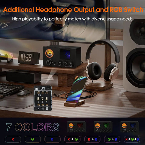 Vacuum Tube Preamplifier And Headphone Amp With VU Meter, 4-Way RCA Selector, Tone Control, No-Nonsense Splitter Box For Receivers, Amps, And Speakers, Powers 16-600 Ohm Headphones, Tube-T5C on desktop audio setup with RGB switch