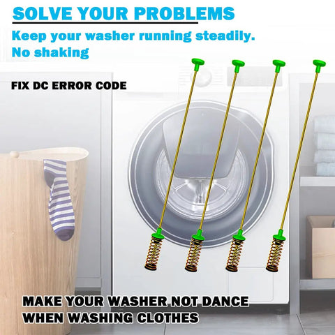 BeefedUp Washer Suspension Rod Kit With Thick Springs HeavyDuty 4 Pack Replacement next to front-load washer graphic.