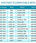 Compatibility chart for Front Wheel Hub Bearing Assembly For Four Wheel Drive And All Wheel Drive SUVs And Vans Fits Escalade Avalanche Express