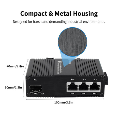 Industrial Gigabit Ethernet Switch Workhorse with 4 Ports 3X RJ45 10 100 1000 Mbps and 1 Gigabit SFP Slot, compact metal design