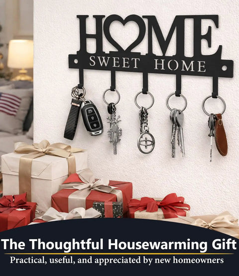 Wall Mounted Key Holder With Hooks Organizer Rack For Entryway Front Door Kitchen Hallway Garage And Mudroom Durable Black Iron Decor Stylish And Practical For Quick Key Drop And Everyday Use with 5 hooks and 'Home Sweet Home' design.
