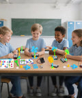 Children building Eight Pack Electrical Fan STEM Kits For Kids Ages 8 To 12 at a classroom table, focusing on hands-on learning.