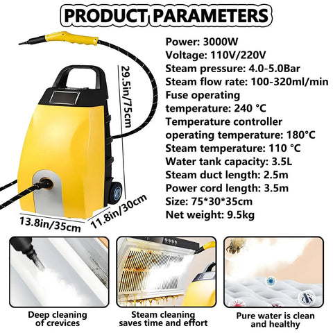 Ditch the harsh chemicals and scrubbing. This 3000W Handheld Steam Cleaner features a 3.5L tank with steam pressure specs.