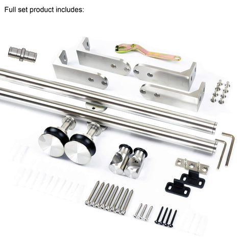 6Ft Stainless Steel Flat Roller Ceiling Mount Sliding Barn Door Hardware Kit Built Tough For 1 3 Eighth To 1 3 Fourth Inch Doors Heavy Duty Track System With Two Flat Rollers, Two Stoppers, Two 3Ft Tracks, Track Connector, And Round Brackets set displayed on a white background