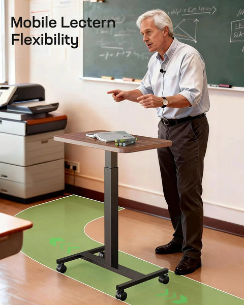 Mobile Standing Desk With Wide Height Range From 28.5 To 46.1 Inches in classroom, used as a lectern on wheels, walnut finish.