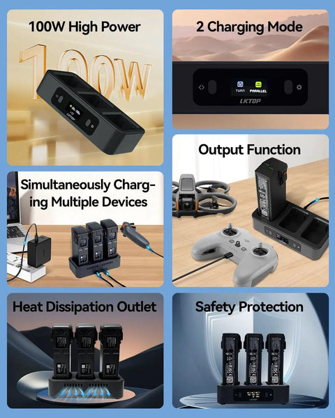 Two-Way 100W Charging Hub Kit for DJI Avata 2 with USB-C fast charger and LED screen, charging multiple devices