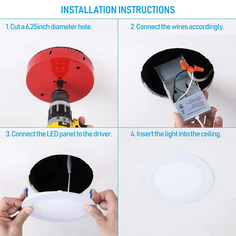 Installation steps for Low Profile 6 Inch LED Recessed Light With Junction Box Pack Of 4, 3000K Warm White, dimmable downlight.