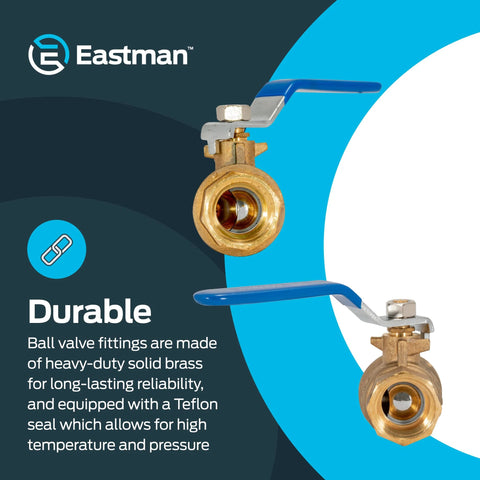 Eastman 3/4-in IPS brass ball valve plumbing fittings with blue lever handles; two valves shown.