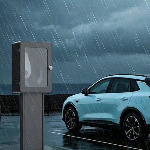 Heavy Duty Wall Mount EV Charger Protection Box, Knockout Durability For Driveway Setup, Weatherproof galvanized steel in rain.