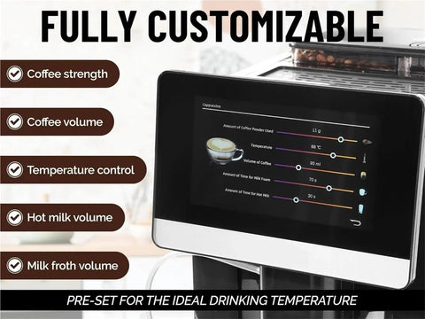 Display panel of Fully Automatic Espresso Machine With Built In Grinder For Home Baristas 19 Customizable Coffee Options.