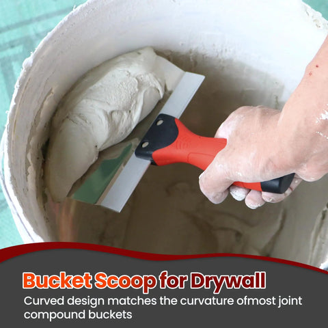 All In One Drywall Repair Kit 10 Piece Set With red and black 6 Inch Bucket Scoop used in a curved bucket