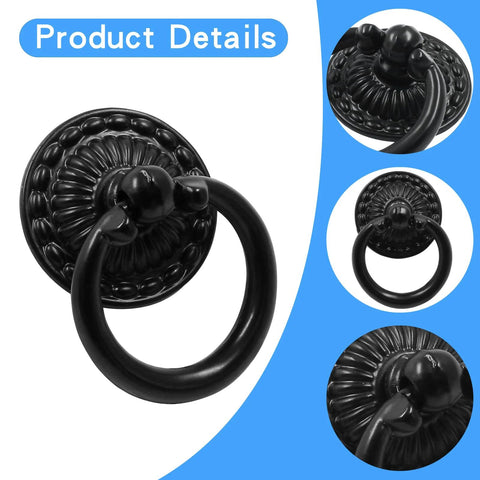 8 Pack Vintage Bronze Drop Ring Knobs For Furniture Drawers Single Hole Ring Pull Handles With Intricate Patterns close-up