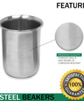 Heavy Duty Stainless Steel Beaker With Pouring Rim Killer Heat Resistance Low Form Lab Vessel Built Tough Chemistry Mixing Cup Ready For Any Lab Grind Super Solid 32 Ml Size in polished finish.