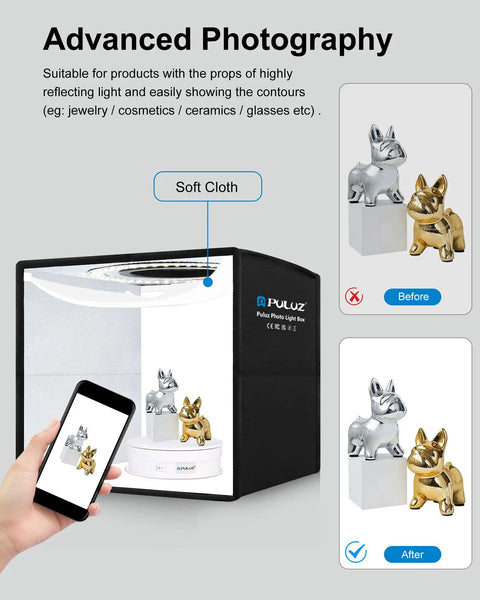 Compact Mini Photo Studio Light Box With 104 LED Beads Fast No-Fuss Setup Photography Tent Kit displaying metallic dog figures