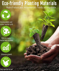 Hands holding eco-friendly planting materials and seedlings on a green background with sustainability benefits highlighted.