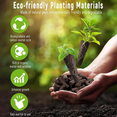 Hands holding eco-friendly planting materials and seedlings on a green background with sustainability benefits highlighted.