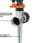 Impulse Sprinkler With Stable Zinc Spike For Big Lawns Up To 5027 Sq Ft 80 Ft Diameter Coverage Adjustable Full Circle To Partial Spray Easy Setup And Secure Spike Base showing hose connection and zinc spike.