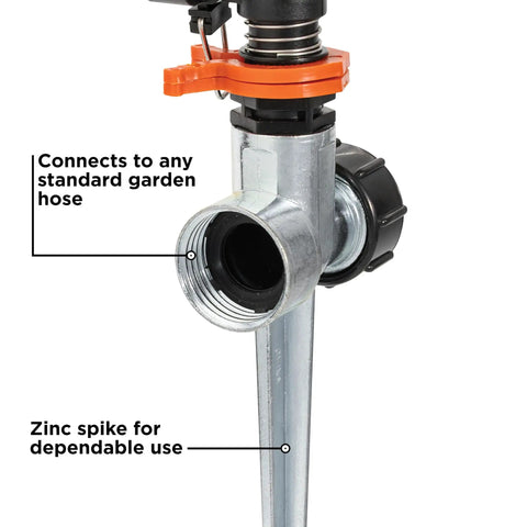 Impulse Sprinkler With Stable Zinc Spike For Big Lawns Up To 5027 Sq Ft 80 Ft Diameter Coverage Adjustable Full Circle To Partial Spray Easy Setup And Secure Spike Base showing hose connection and zinc spike.