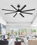 84 Inch Indoor Outdoor Ceiling Fan With Lights installed in modern living room, showing 8 reversible aluminum blades and quiet DC motor.