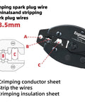 Pro Spark Plug Wire Crimping Tool Kit with ratchet crimper for crimping, stripping, cutting 7 to 8.5mm spark plug wires, diagram view