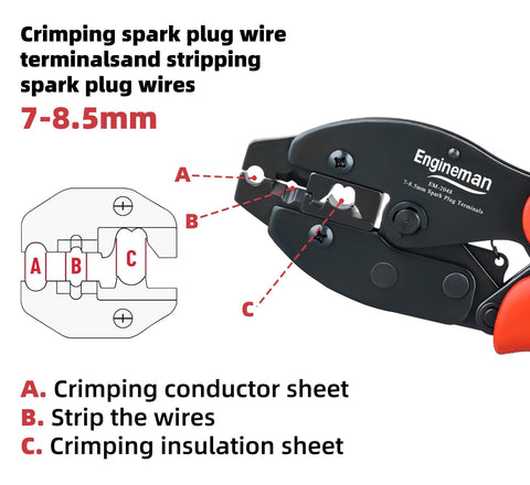Pro Spark Plug Wire Crimping Tool Kit with ratchet crimper for crimping, stripping, cutting 7 to 8.5mm spark plug wires, diagram view