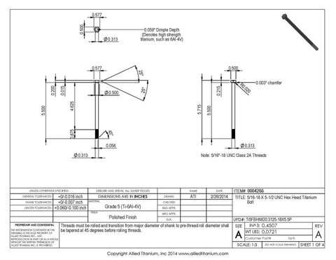 Heavy Duty Pack Of Two 5/16-18 By 5-1/2 Inch UNC Hex Head Bolts True Grade 5 Titanium Corrosion Proof Polished Finish technical drawing.