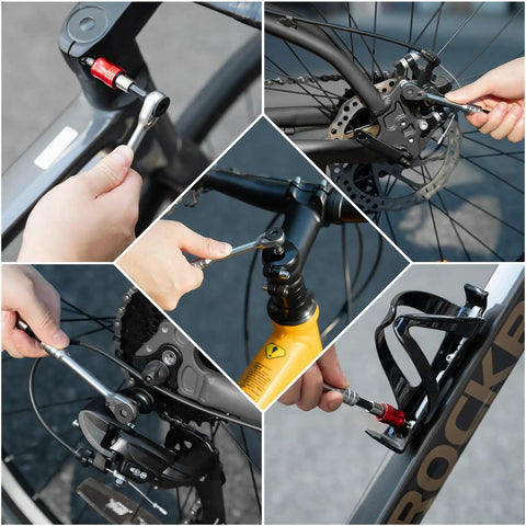 Using 14 In 1 Bike Tool Kit With Portable Foldable Multitool Reversible Ratchet Wrench And 10 Bits on bike components