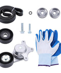 Premium Serpentine Belt Tensioner And Idler Pulley Kit Direct Fit For Ford Explorer Edge Taurus Fusion Flex 3.5L V6 2007 To 2019 with belt, pulleys, bolts, and gloves