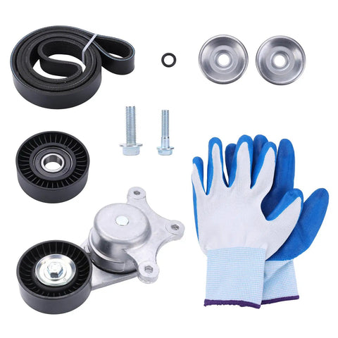 Premium Serpentine Belt Tensioner And Idler Pulley Kit Direct Fit For Ford Explorer Edge Taurus Fusion Flex 3.5L V6 2007 To 2019 with belt, pulleys, bolts, and gloves