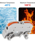 20-Piece DIN Rail Terminal Blocks for Electrical Control Panels with temperature range, compact grey wire connectors.