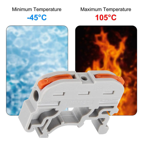 30Pcs DIN Rail Terminal Blocks For Electrical Control Panels Pro Grade Compact Design Supports Solid Stranded And Flexible Wires 0.2-4.0mm2 28-12 AWG With 4KV High Voltage Resistance Flame Retardant PC Material And Safe Independent Wire Connections Grey showing temperature range from -45°C to 105°C