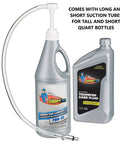 Lower Unit Gear Oil Pump For Outboard Motors Quick Fill With Standard Quart Bottles Three Eighths Inch Swivel Eight Millimeter And Ten Millimeter Adapters Delivers Eight CC Per Stroke For Clean No Fuss Marine Gear Lubrication with bottles and tubes.