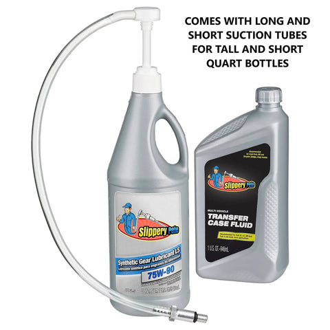 Lower Unit Gear Oil Pump For Outboard Motors Quick Fill With Standard Quart Bottles Three Eighths Inch Swivel Eight Millimeter And Ten Millimeter Adapters Delivers Eight CC Per Stroke For Clean No Fuss Marine Gear Lubrication with bottles and tubes.