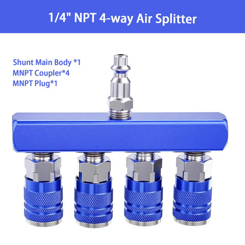 Four Way Air Manifold One Quarter Inch Air Hose Splitter Industrial Quick Connect Fitting With Four Couplers Plug