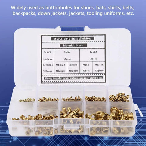 650 Pcs Solid Brass Eyelets Rivets Kit Featuring Hollow Metal Buttonhole Fasteners, assorted sizes in a clear organizer.