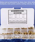 Top Shelf Brass Eyelets Rivets Kit 650 Pcs Hollow Metal Grommet Set in storage case with assorted sizes for leathercraft.
