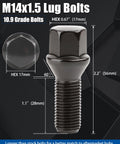 M14x1.5 28mm Shank Wheel Lug Bolts With 17mm Hex Conical Acorn Seats, Complete 20 Piece High Strength Hardware Kit Built Tough For Hot Rods Trucks And Beast Mode Street Cruisers, showing dimensions 1.1 inch and 2.2 inch.