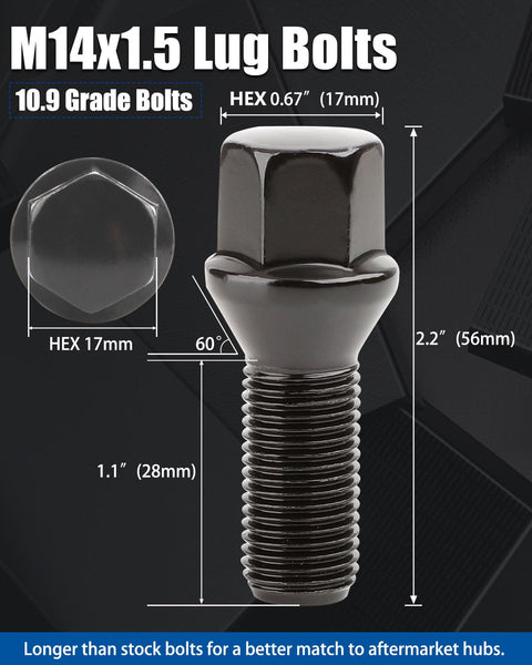 M14x1.5 28mm Shank Wheel Lug Bolts With 17mm Hex Conical Acorn Seats, Complete 20 Piece High Strength Hardware Kit Built Tough For Hot Rods Trucks And Beast Mode Street Cruisers, showing dimensions 1.1 inch and 2.2 inch.