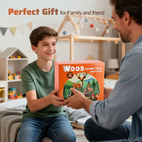 Child receiving Beginner Wood Carving Kit With Blocks And Tools For Kids And Adults, All In One Whittling Set as a gift