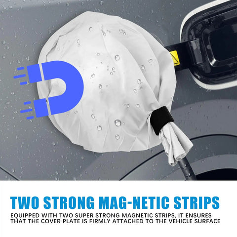 Heavy Duty Transparent EV Charger Port Cover With Slick Magnetic Closure, mounted with visible water droplets on vehicle.