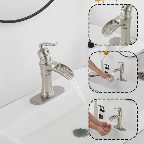 Waterfall Bathroom Faucet Brushed Nickel With Single Handle One Hole Deck Mount Vanity Tap Basin Mixer Includes Drain Assembly