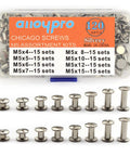 Rock Solid 120 Piece Chicago Binding Screw Kit, Assorted M5 Metal Rivets in clean silvery finish with flat head design for DIY projects.