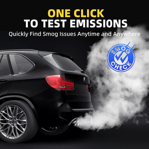 Rear view of a black car emitting exhaust, showcasing AP2500E OBD2 Bluetooth Scanner Code Reader for Android and iOS All-System Diagnostic.